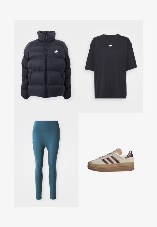 Navy puffer jacket with high collar, zip closure, and white Adidas logo on the chest. Features stitched panels and a smooth, shiny texture.; Black cotton t-shirt with short sleeves, round neckline, features a white Adidas logo on the chest. Simple design, relaxed fit.; Teal stretchy leggings with a smooth texture, high waistband, side pockets, and no visible seams, designed for athletic wear.; Beige suede sneakers with maroon stripes, white accents, a chunky translucent sole, and raised branding on the side. Laced design.