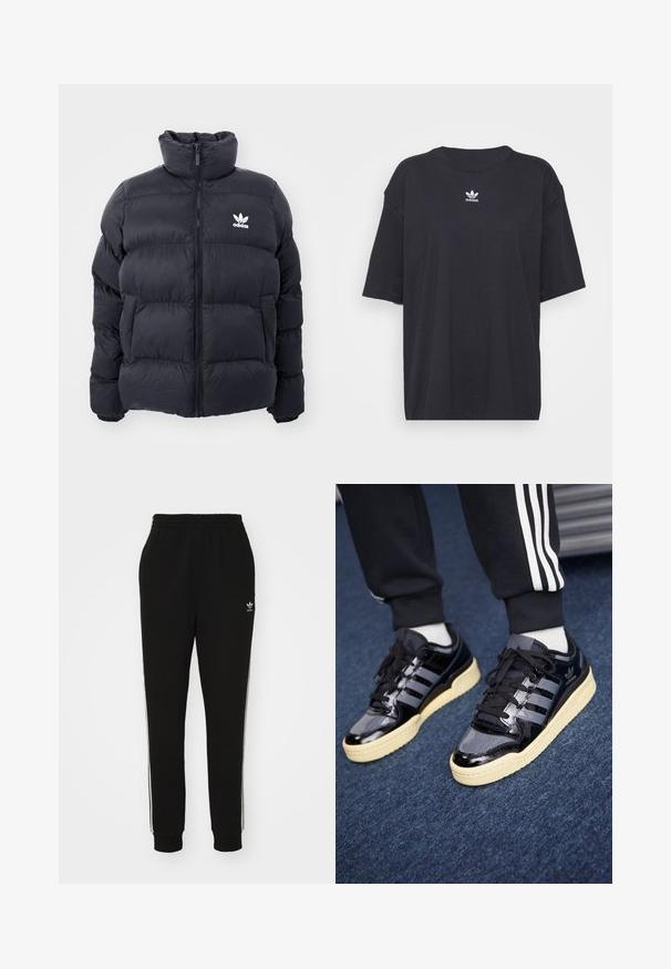 Casaco puffer azul marinho com gola alta, fecho de zip e logotipo branco da Adidas no peito. Apresenta painéis cosidos e uma textura suave e brilhante.; T-shirt de algodão preto com mangas curtas, decote arredondado, apresenta um logótipo branco da Adidas no peito. Design simples, ajuste descontraído.; Calças de treino pretas com cintura elástica, de corte justo, com riscas brancas nas laterais e um pequeno logótipo na coxa esquerda. Tecido suave e texturizado.; Sapatilhas de couro sintético preto com três riscas, sola de borracha e sola cremosa. Apresentam atacadores planos e um acabamento liso e brilhante.