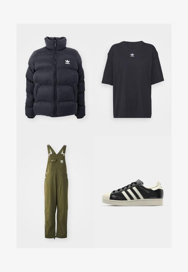 Navy puffer jacket with high collar, zip closure, and white Adidas logo on the chest. Features stitched panels and a smooth, shiny texture.; Black cotton t-shirt with short sleeves, round neckline, features a white Adidas logo on the chest. Simple design, relaxed fit.; Olive green cotton overalls with adjustable straps, front pocket, snap buttons, and a loose fit. Features ankle cuffs with elastic adjusters.; Black leather sneaker with white stripes, rubber toe cap, black laces, and a cream-colored outsole. Smooth texture with shiny finish.