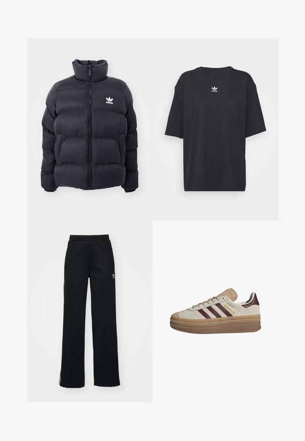 Marinblå pufferjacka med hög krage, dragkedjestängning och vitt Adidas-logotyp på bröstet. Har sydda paneler och en slät, glansig yta.; Svart bomullströja med korta ärmar, rund halsringning, har en vit Adidas-logotyp på bröstet. Enkel design, avslappnad passform.; Svarta träningstights med avslappnad passform, dragsko i midjan, sidofickor med dragkedja och diskret vit logotyp på vänster ben.; Beige mockaskor med vinröda ränder, vita detaljer, en kraftig genomskinlig sula och upphöjd märkning på sidan. Snörningsdesign.