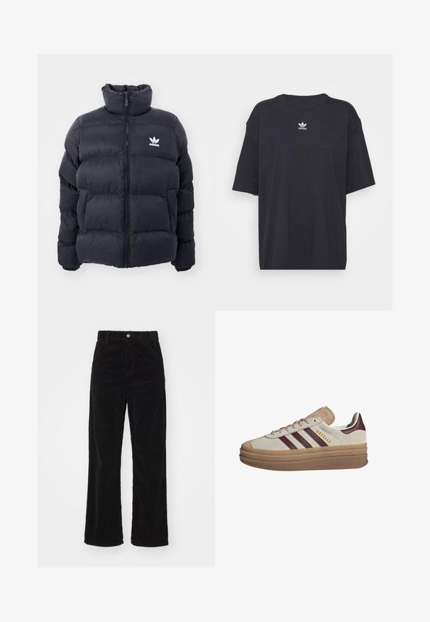 Navy puffer jacket with high collar, zip closure, and white Adidas logo on the chest. Features stitched panels and a smooth, shiny texture.; Black cotton t-shirt with short sleeves, round neckline, features a white Adidas logo on the chest. Simple design, relaxed fit.; Black corduroy wide-leg pants with a high waist, featuring a front button and zipper closure, and vertical ribbed texture throughout.; Beige suede sneakers with maroon stripes, white accents, a chunky translucent sole, and raised branding on the side. Laced design.