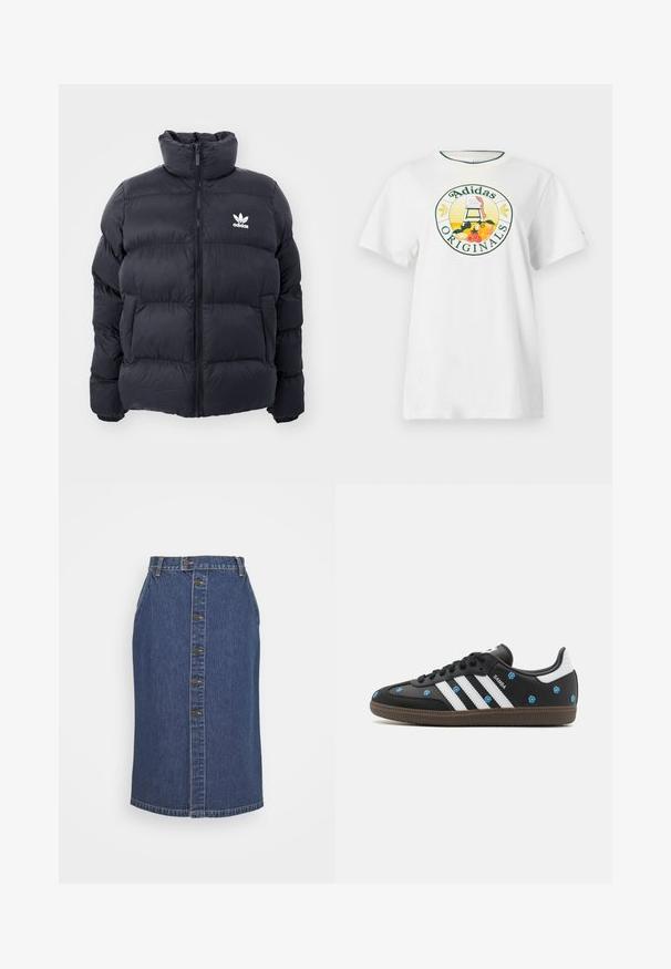 Tengerész kék puffertöltött dzseki magas gallérral, cipzáros záródással és fehér Adidas logóval a mellkasán. Jellemzője a tűzött panelek és a sima, fényes textúra.; Fehér pamut póló rövid ujjakkal, kerek grafikus logóval zöld és sárga színben, amelyen az "Adidas Originals" felirat és gyümölcs minták láthatók.; Sötétkék farmer ceruzaszoknya, elülső gombzárral, függőleges varrással és klasszikus szegéllyel.; Fekete bőr sportcipő fehér csíkokkal és kék virágos hímzéssel. Barna gumitalppal és kerek orrú kialakítással rendelkezik.