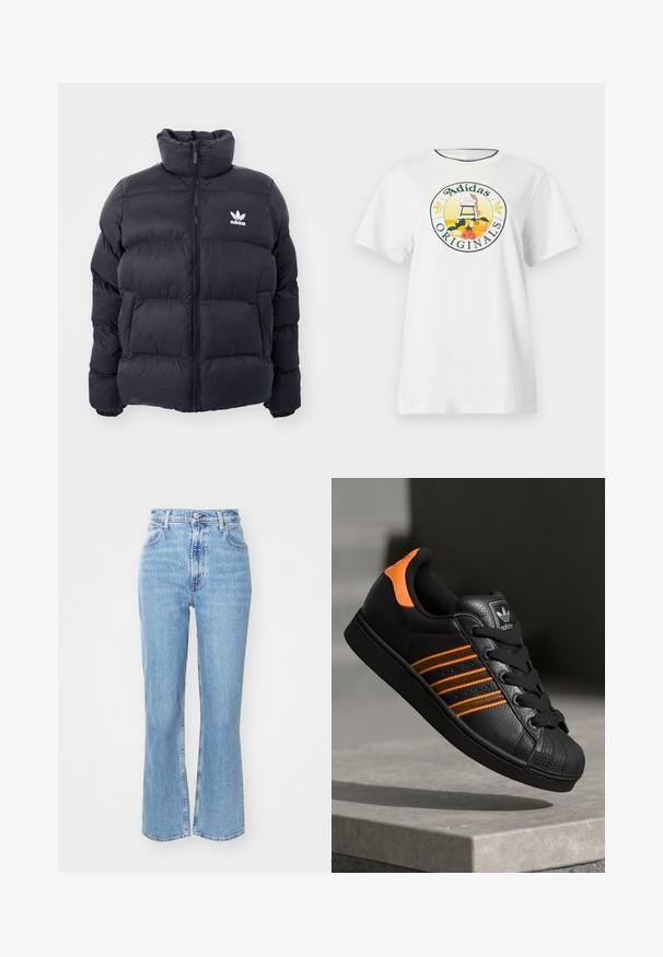 Doudoune marine avec col haut, fermeture éclair et logo Adidas blanc sur la poitrine. Présente des panneaux cousus et une texture lisse et brillante.; T-shirt en coton blanc à manches courtes, avec un logo graphique rond en vert et jaune, affichant "Adidas Originals" et des motifs de fruits.; Jean taille haute bleu clair avec une jambe évasée. Fabriqué en denim, comprenant cinq poches et une fermeture à bouton sur le devant. Texture décolorée.; Baskets noires avec des accents orange, trois bandes horizontales, tige en cuir texturé, protection en caoutchouc à l'avant et lacets noirs.