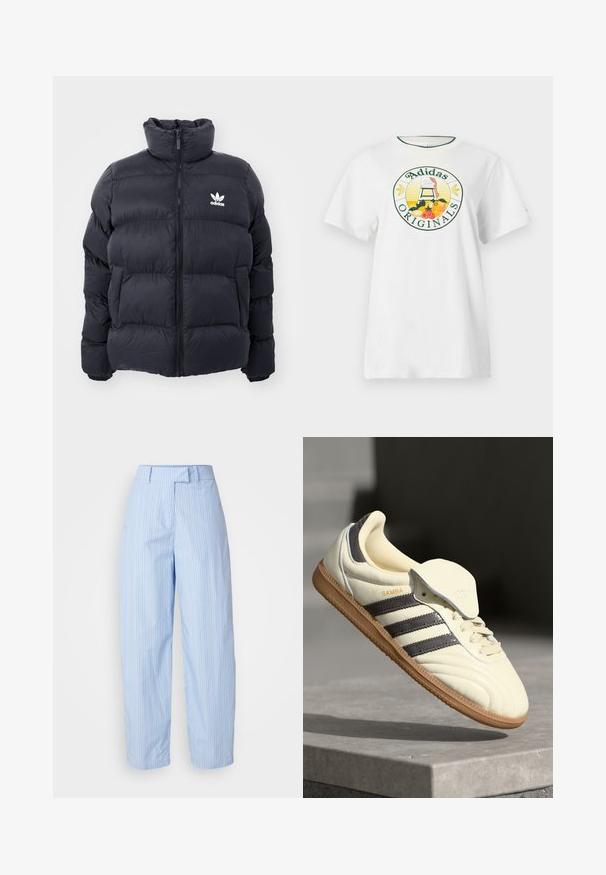 Marineblauwe pufferjack met hoge kraag, ritssluiting en wit Adidas-logo op de borst. Beschikt over gestikte panelen en een gladde, glanzende textuur.; Witte katoenen T-shirt met korte mouwen, met een ronde grafische logo in groen en geel, waarop "Adidas Originals" en fruitontwerpen zijn afgebeeld.; Lichtblauwe wijde broek met verticale witte en rode strepen, voorzien van een tailleband met riemlussen en zijzakken.; Crème leren sneaker met drie donkere strepen, een bruine gumrubberen zool en een ronde neus. Voorzien van een opvouwbare tong met het label "SAMBA."