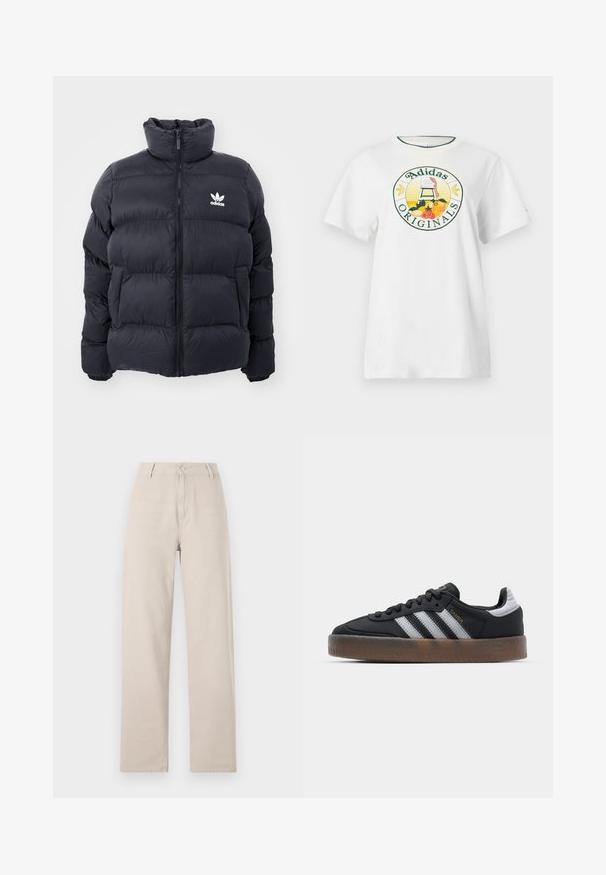 Jūras zils pūkains jaka ar augstu apkakli, rāvējslēdzēja aizdari un balto Adidas logo uz krūtīm. Iekļauj izšūtas paneļus un gludu, spīdīgu tekstūru.; Balts kokvilnas t-krekls ar īsām piedurknēm, kuram ir apaļš grafiskais logotips zaļā un dzeltenā krāsā, attēlojot "Adidas Originals" un augļu dizainus.; Bežīgas platās bikses, izgatavotas no kokvilnas, ar priekšējo pogu aizdari, jostas cilpām un klasisku piegriezumu ar skaidrām līnijām.; Melni sporta apavi ar elegantu dizainu, kas izdaiļoti ar trim baltām svītrām, melnu mēli un teksturētu brūnu gumijas zoli. Akcenti ar zelta burtiem.