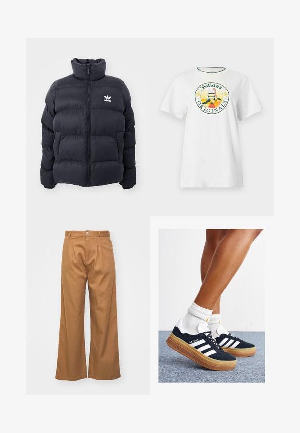 Jūras zils pūkains jaka ar augstu apkakli, rāvējslēdzēja aizdari un balto Adidas logo uz krūtīm. Iekļauj izšūtas paneļus un gludu, spīdīgu tekstūru.; Balts kokvilnas t-krekls ar īsām piedurknēm, kuram ir apaļš grafiskais logotips zaļā un dzeltenā krāsā, attēlojot "Adidas Originals" un augļu dizainus.; Gaiši brūni plataji svārki ar strukturētu audumu, kas piedāvā priekšējos ielocījumus un vienu pogu aizdari jostasvietā.; Melnas zamšādas sporta kurpes ar baltām svītrām un akcentiem, apaļa purngala daļa, gumijas zole, kopā ar baltām ribotām sporta zeķēm.