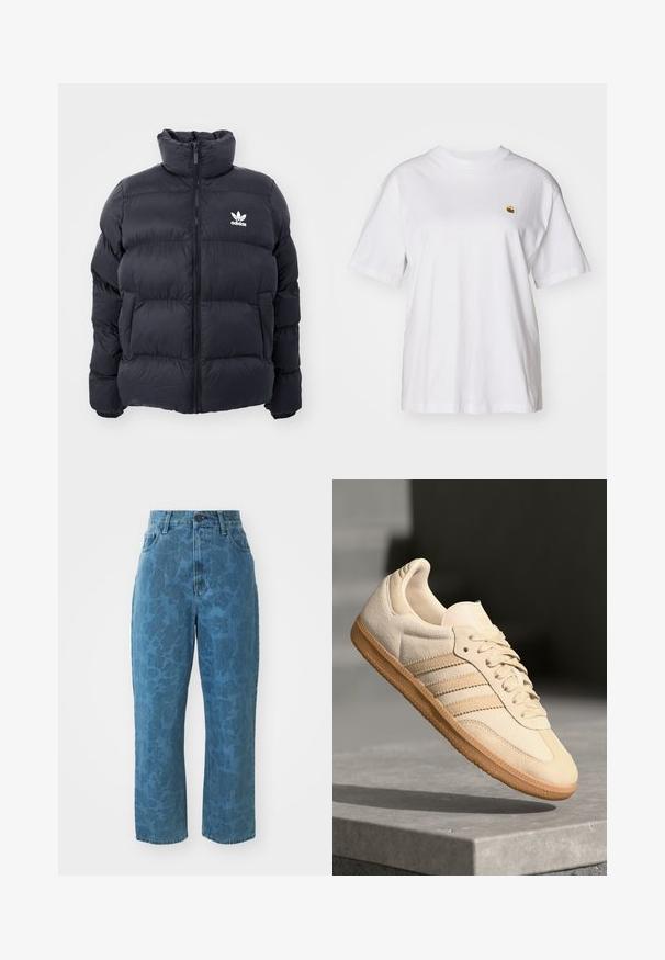 Mornarska puffer jakna s visokim ovratnikom, zatvaranjem na zip i bijelim Adidas logotipom na prsima. Ima šivane panele i glatku, sjajnu teksturu.; Bijela pamučna majica s opuštenim krojem, kratkim rukavima i malim izvezenim logom na lijevoj strani prsnog dela.; Svijetloplave traperice s suptilnom uzorkastom teksturom, visokim strukom i ravnim krojem. Imaju prednje zakopčavanje na dugme i munje.; Svijetlosmeđi nubuk tenisice s gumenim potplatom, tri dijagonalne pruge i teksturirani vrh. Sadrži logo na jeziku i bočnoj strani.