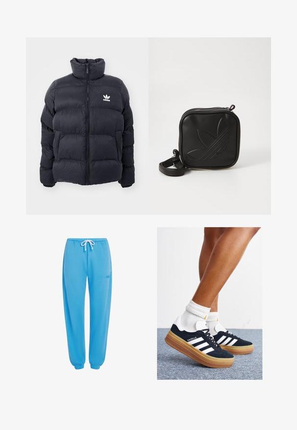 Navy puffer jacket with high collar, zip closure, and white Adidas logo on the chest. Features stitched panels and a smooth, shiny texture.; White cotton t-shirt with short sleeves and a crew neckline. Features a black Adidas logo printed on the chest. Simple, minimal design.; Blue jogger pants made of soft fabric, featuring an elastic waistband with adjustable drawstring and elastic cuffs at the ankles.; Black suede sneakers with white stripes and accents, rounded toe, gum rubber outsole, paired with white ribbed crew socks.; Black square crossbody bag made of textured synthetic material. Features an embossed logo design and adjustable strap. Zipper closure.