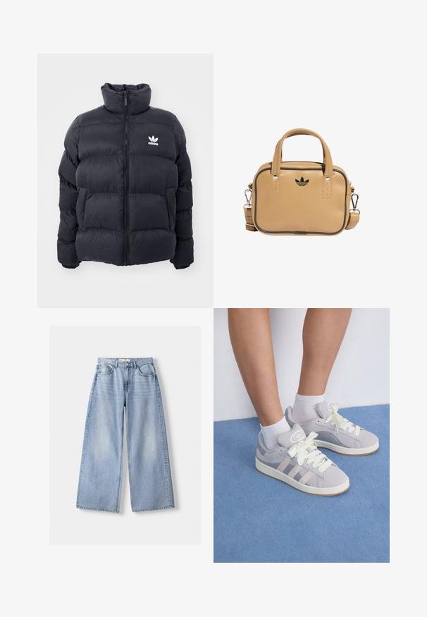 Marinblå puffjakke med høj krave, lynlås lukning og hvid Adidas-logo på brystet. Har syede paneler og en glat, blank overflade.; Hvid bomulds T-shirt med korteærmer og rund hals. Har et sort Adidas-logo trykt på brystet. Simpelt, minimalistisk design.; Lyseblå bred-beinede denimjeans med høj talje, fem lomme-design og subtil falmen; har metalknap og lynlåslukning.; Grå ruskinds sneakers med hvide snørebånd og gummisål, udstyret med tre diagonale striber på siden og et logo-patch på tungen.; Brun vegansk læder taske med to håndtag, aftagelig skulderrem, sort kontrastsyning og et lille sort logo på forsiden.