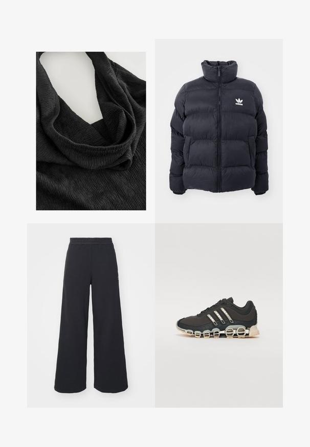 Tengerész kék puffertöltött dzseki magas gallérral, cipzáros záródással és fehér Adidas logóval a mellkasán. Jellemzője a tűzött panelek és a sima, fényes textúra.; Fekete, textúrázott szövet ráncos mintával, hurkolt formában lelógva. Az anyag lágy és könnyű, fokozva a folyékony alakot.; Fekete, bő szárú melegítőnadrág, puha anyagból készült, rugalmas derékkal és egy kis logóval a bal oldalon.; Fekete sportcipő texturált felsőrésszel, három ezüst csíkkal, és egy jellegzetes párnázott talppal, amely több integrált szakaszból áll.