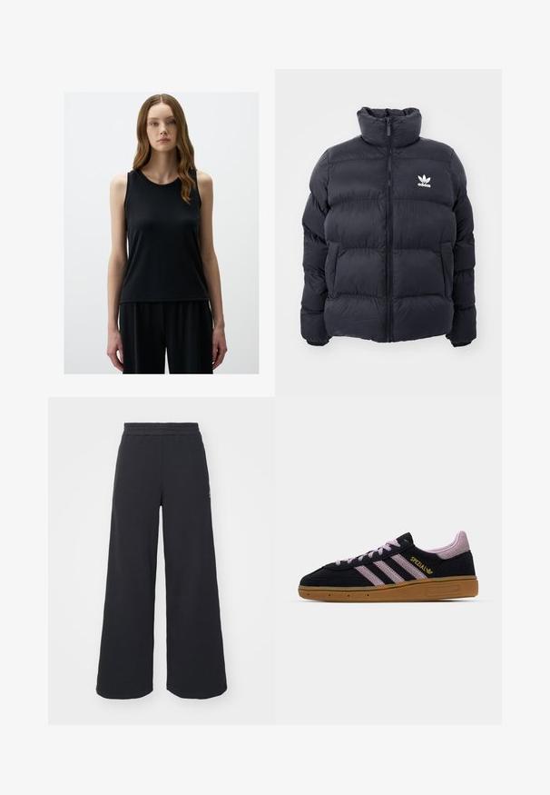 Marineblauwe pufferjack met hoge kraag, ritssluiting en wit Adidas-logo op de borst. Beschikt over gestikte panelen en een gladde, glanzende textuur.; Zwart mouwloos topje van een soepele stof, met een ronde halslijn en een ontspannen pasvorm, gedragen met bijpassende zwarte broek.; Zwarte wijde sweatpants gemaakt van zachte stof, met een elastische tailleband en een klein logo aan de linkerkant.; Zwarte en roze suede sneaker met rubberen zool, drie roze strepen, gouden "SPEZIAL" branding en een gestructureerde gumzool. Lage ontwerp.
