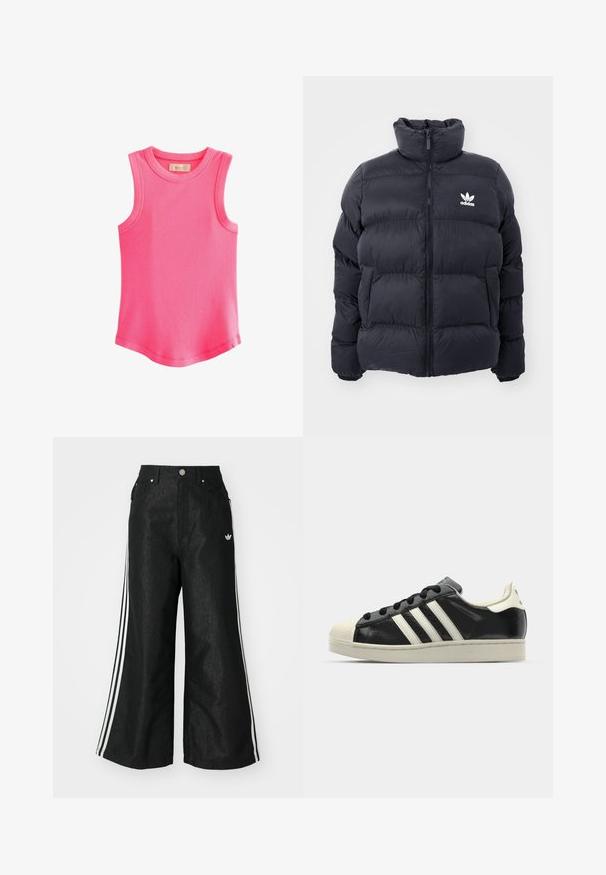 Chaqueta acolchada de color marino con cuello alto, cierre de cremallera y logo blanco de Adidas en el pecho. Presenta paneles cosidos y una textura suave y brillante.; Next RACER STANDARD - Top - fluro pink; Pantalones de denim anchos y negros con tres franjas blancas en cada lado y un pequeño logo blanco. Cuenta con bolsillos frontales y un cierre de botón.; Zapatilla de cuero negro con rayas blancas, puntera de goma, cordones negros y suela color crema. Textura suave con acabado brillante.