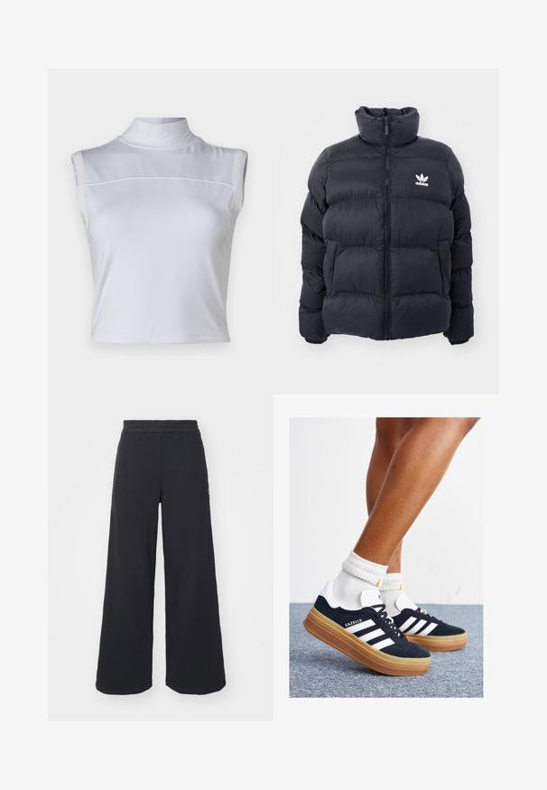 Morská prešívaná bunda s vysokým golierom, zipsom a bielym logom Adidas na hrudi. Obsahuje prešívané panely a hladkú, lesklú textúru.; Biela top bez rukávov s vysokým golierom, hladkou textúrou a skráteným strihom. Obsahuje horizontálny šev po celej šírke hrudníka.; Čierne širšie tepláky vyrobené z mäkkej látky, s elastickým pásom a malým logom na ľavej strane.; Čierne semišové tenisky s bielymi pruhmi a detailmi, so zaoblenou špičkou, podrážkou z gumovej gumy, doplnené bielymi rebrovanými ponožkami.