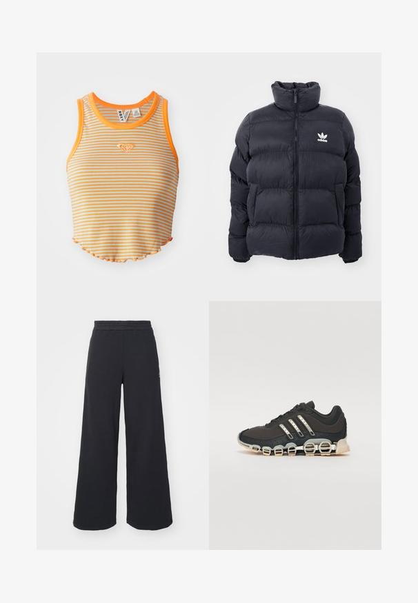 Marineblauwe pufferjack met hoge kraag, ritssluiting en wit Adidas-logo op de borst. Beschikt over gestikte panelen en een gladde, glanzende textuur.; Gestreepte crop top in oranje en lichtblauw, met een geribbelde textuur, ronde halslijn en een gegolfde zoom. Klein diamantlogo geborduurd aan de voorkant.; Zwarte wijde sweatpants gemaakt van zachte stof, met een elastische tailleband en een klein logo aan de linkerkant.; Zwarte sportschoen met een gestructureerde bovenkant, drie zilveren strepen en een kenmerkende dempingszool met meerdere geïntegreerde secties.