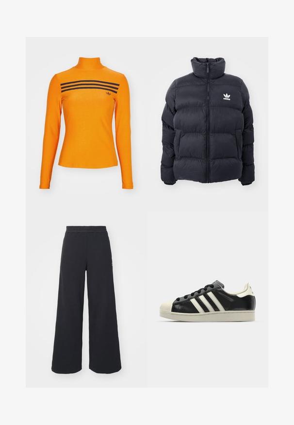 Marineblaues Puffer-Jackett mit hohem Kragen, Reißverschluss und weißem Adidas-Logo auf der Brust. Verfügt über gestickte Paneele und eine glatte, glänzende Textur.; adidas Originals LS 3S - Langarmshirt - unity orange; Schwarze weite Sweatpants aus weichem Material, mit einem elastischen Taillenbund und einem kleinen Logo auf der linken Seite.; Schwarze Ledersneaker mit weißen Streifen, Gummikappe, schwarzen Schnürsenkeln und einer cremefarbenen Sohle. Glatte Textur mit glänzender Oberfläche.