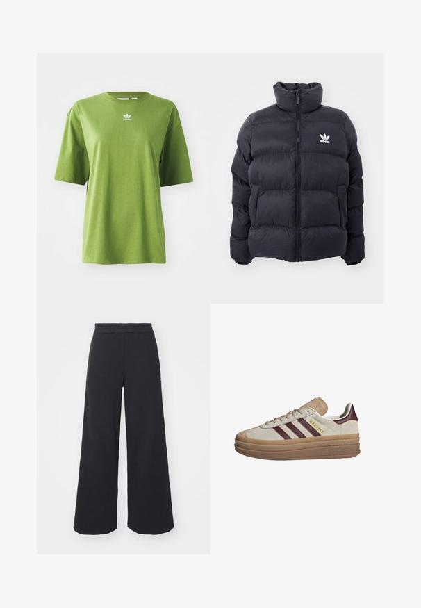 Jūras zils pūkains jaka ar augstu apkakli, rāvējslēdzēja aizdari un balto Adidas logo uz krūtīm. Iekļauj izšūtas paneļus un gludu, spīdīgu tekstūru.; Zaļš kokvilnas T-krekls ar īsām piedurknēm, apaļu kakla izgriezumu un baltu Adidas logo uz krūškurvja. Gluda tekstūra, brīvs piegriezums.; Melni platās svārku bikses, izgatavotas no mīksta auduma, ar elastīgu jostas daļu un mazu logotipu kreisajā pusē.; Beige zamšādas sporta apavi ar bordo svītrām, baltām akcentēm, masīvu caurspīdīgu zoli un paceltu zīmolu sānos. Šņorēšanas dizains.