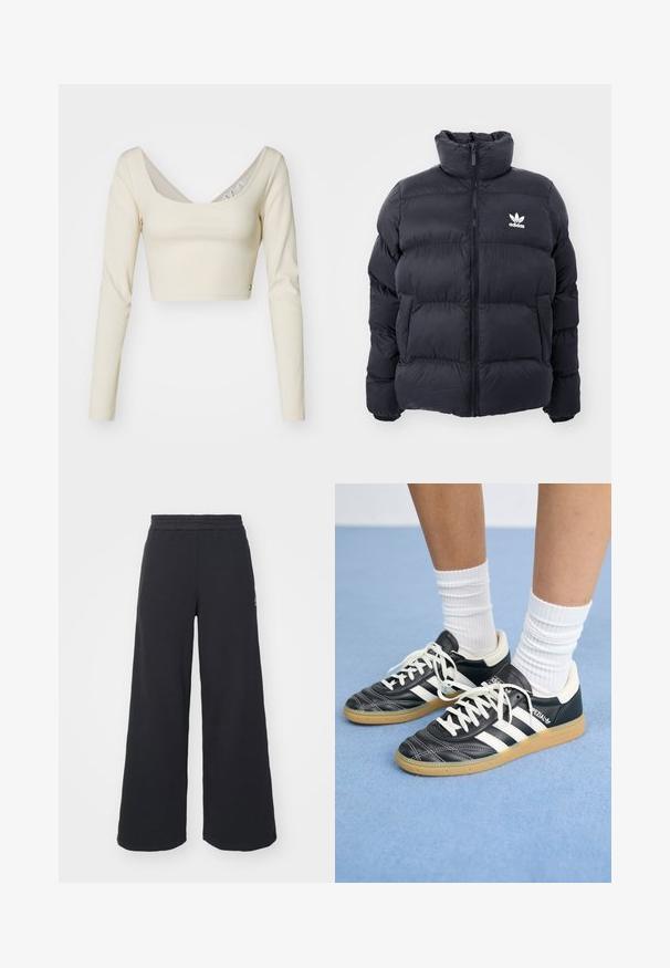 Doudoune marine avec col haut, fermeture éclair et logo Adidas blanc sur la poitrine. Présente des panneaux cousus et une texture lisse et brillante.; Haut court à manches longues en tissu côtelé beige clair. Présente un large décolleté arrondi et un détail de bouton accentué sur le côté. Texture lisse.; Pantalons de survêtement larges noirs en tissu doux, dotés d'une taille élastique et d'un petit logo sur le côté gauche.; Sneakers en cuir noir avec des rayures blanches, bout rond, lacets blancs et semelle en caoutchouc beige. Accentué par un col rembourré et des détails de marque.