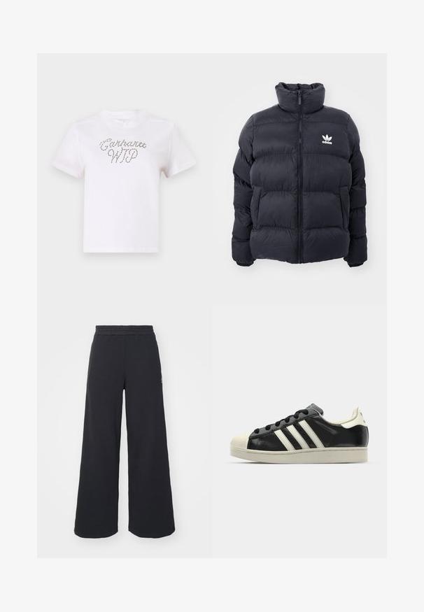 Námořnická puffer bunda s vysokým límcem, zipovým zapínáním a bílým logem Adidas na hrudi. Obsahuje prošité panely a hladký, lesklý povrch.; Bílé bavlněné tričko s krátkým rukávem a kulatým výstřihem, s dekorativním potiskem textu v vlnitém, světle šedém designu.; Černé široké tepláky vyrobené z měkké tkaniny, s elastickým pasem a malým logem na levé straně.; Černé kožené sneakers s bílými pruhy, gumovou špičkou, černými tkaničkami a krémovou podešví. Hladký povrch s lesklým finišem.