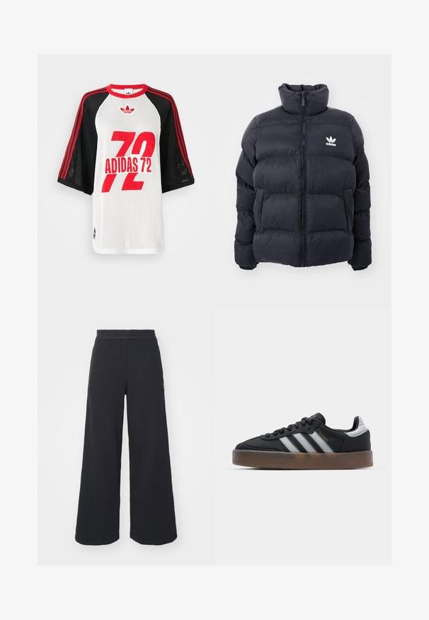 Mornarska puffer jakna s visokim ovratnikom, zatvaranjem na zip i bijelim Adidas logotipom na prsima. Ima šivane panele i glatku, sjajnu teksturu.; Kratki rukavi mrežasta sportska majica s crnim rukavima, crvenim prugama, crvenim natpisom "72 ADIDAS" i crvenim Adidas logotipom na bijelom prednjem panelu.; Crne široke sweatpants hlače napravljene od mekog materijala, s elastičnim strukom i malim logotipom s lijeve strane.; Crne tenisice s elegantnim dizajnom, s tri bijele pruge, crnim jezikom i teksturiranom smeškom gumom. Akcenti zlatnog natpisanja.