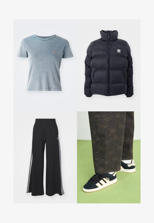 Mornarska puhovka z visokim ovratnikom, zadrgo in belim logotipom Adidas na prsih. Ima šivane panele in gladko, sijočo teksturo.; Svetlo modra majica s kratkimi rokavi in rebrasto teksturo. Ima majhen logotipni znak na prsih. Okrugel izrez in prilagojen kroj.; Črne široke trenirke z elastičnim pasom, ki imajo bele stranske proge in vezeno logo na levi stegna.; Črne in vzorčaste hlače v kombinaciji z mornarsko modrimi semiš teniskami z medeni črtami in belimi podplati. Površine so prikazane kot teksturirane in ravne.