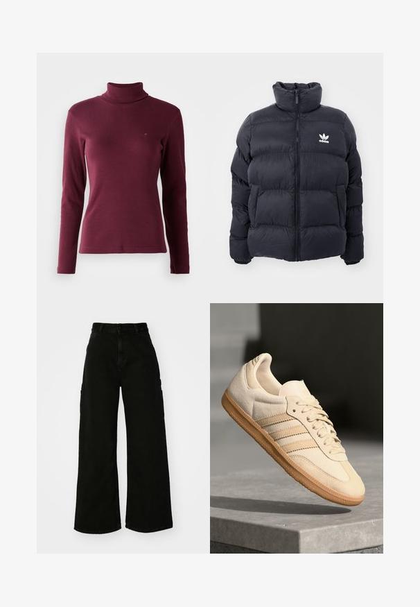 Marinblå pufferjacka med hög krage, dragkedjestängning och vitt Adidas-logotyp på bröstet. Har sydda paneler och en slät, glansig yta.; Burgundy långärmad polokrage tröja gjord av ribbat tyg, med en åtsittande design och en liten logotyp broderad på framsidan.; Svarta vida cargobyxor i denim, med hög midja, framknäppning och sidofickor. Slät textur med minimal sömnad.; Ljusbeige mockasneaker med gummisula, tre diagonala ränder och en texturerad tåhuvud. Har logotyp på tungan och sidan.