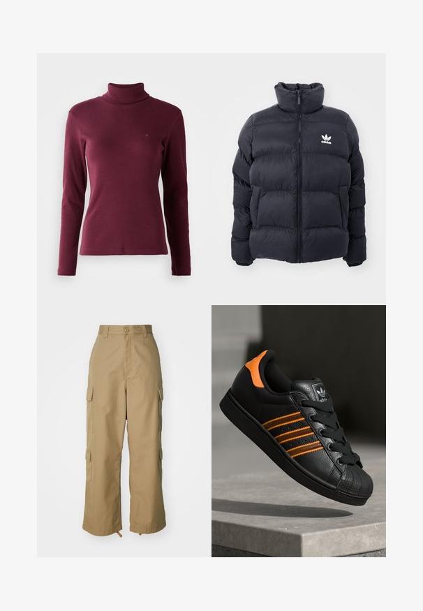 Marineblauwe pufferjack met hoge kraag, ritssluiting en wit Adidas-logo op de borst. Beschikt over gestikte panelen en een gladde, glanzende textuur.; Bordeaux lange mouw turtleneck trui van ribstof, met een aansluitend ontwerp en een klein logo geborduurd op de voorkant.; Beige cargobroek met een hoge taille, wijde pijpen en vier grote zijzakken. Gemaakt van duurzaam materiaal met een soepele textuur en minimale details.; Zwarte sneaker met oranje accenten, drie horizontale strepen, bovenwerk van textuurlak, rubberen neuzen en zwarte veters.