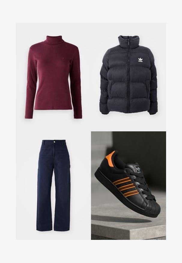 Marineblå pufferjakke med høy krage, glidelås og hvit Adidas-logo på brystet. Har sømmerte paneler og en glatt, blank tekstur.; Burgunderfarget langermet genser med høy hals laget av ribbestrikket stoff, har en tettsittende design og en liten logo brodert foran.; Marineblå vide bukser med cargo-design laget av solid bomullsstoff, med sidelommer og knappelukking i midjen.; Svart sneaker med oransje detaljer, tre horisontale striper, teksturert skinnoverdel, gummitå, og svarte lisser.
