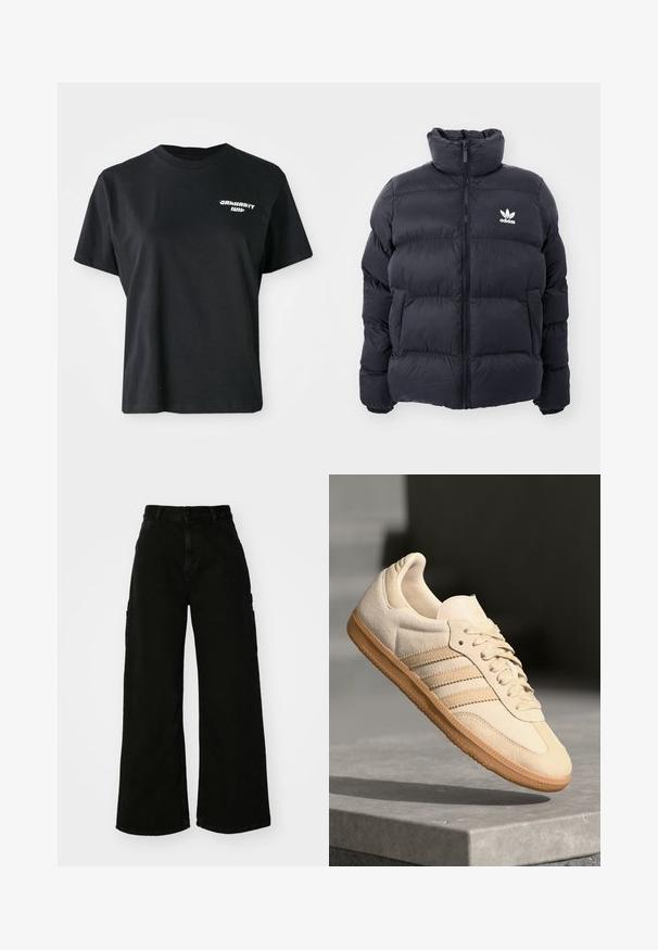 Navy puffer jacket with high collar, zip closure, and white Adidas logo on the chest. Features stitched panels and a smooth, shiny texture.; Black cotton t-shirt with a round neckline and short sleeves. Features a white graphic logo on the left chest area.; Black wide-leg cargo pants made of denim, featuring a high waist, front button closure, and side pockets. Smooth texture with minimal stitching.; Light beige suede sneaker with gum outsole, three diagonal stripes, and a textured toe cap. Features logo on the tongue and side.