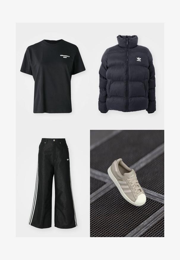 Jachetă puffer bleumarin cu guler înalt, închidere cu fermoar și logo Adidas alb pe piept. Se remarcă prin panouri cusute și o textură netedă, lucioasă.; Tricou negru din bumbac, cu gât rotund și mâneci scurte. Are un logo grafic alb în zona stângă a pieptului.; Pantaloni din denim negri, cu croi evazat, având trei dungi albastre pe fiecare parte și un mic logo alb. Dispune de buzunare frontale și închidere cu buton.; Adidas Superstar de culoare bej, cu suprafață din piele texturată, trei dungi laterale, vârf rotund și logo pe limbă și călcâi.