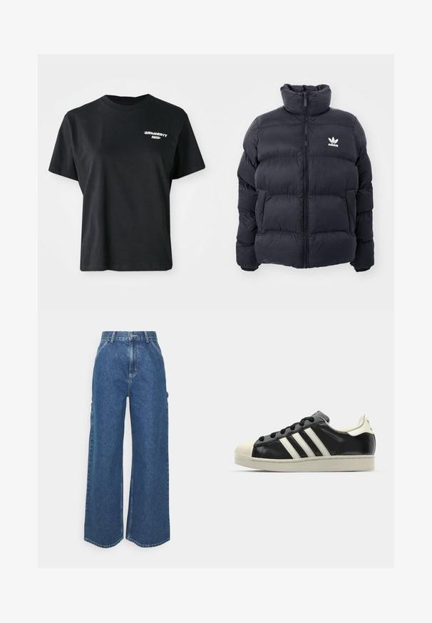 Marineblaues Puffer-Jackett mit hohem Kragen, Reißverschluss und weißem Adidas-Logo auf der Brust. Verfügt über gestickte Paneele und eine glatte, glänzende Textur.; Schwarzes Baumwoll-T-Shirt mit Rundhalsausschnitt und kurzen Ärmeln. Mit einem weißen grafischen Logo auf der linken Brustseite.; Weite blaue Denim-Hosen mit hoher Taille, kontrastierenden Nähten und Seitentaschen, ausgestattet mit einem klassischen Five-Pocket-Design und rohen Säumen.; Schwarze Ledersneaker mit weißen Streifen, Gummikappe, schwarzen Schnürsenkeln und einer cremefarbenen Sohle. Glatte Textur mit glänzender Oberfläche.