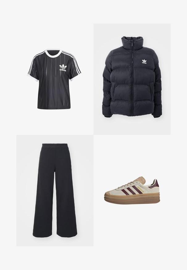 Námořnická puffer bunda s vysokým límcem, zipovým zapínáním a bílým logem Adidas na hrudi. Obsahuje prošité panely a hladký, lesklý povrch.; adidas Originals ADICOLOR 3-STRIPES PINSTRIPE - Triko s potiskem - black; Černé široké tepláky vyrobené z měkké tkaniny, s elastickým pasem a malým logem na levé straně.; Béžové semišové tenisky s kaštanovými pruhy, bílými akcenty, robustní průhlednou podrážkou a vyvýšeným logem na boku. Šněrovací design.