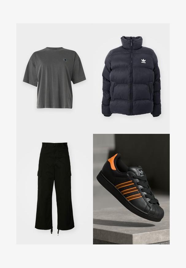 Doudoune marine avec col haut, fermeture éclair et logo Adidas blanc sur la poitrine. Présente des panneaux cousus et une texture lisse et brillante.; T-shirt en coton gris à col rond et manches courtes. Présente un petit patch de logo de couleur contrastante sur la zone gauche de la poitrine.; Pantalons cargo noirs en coton, dotés de jambes larges, de poches latérales et d'ourlets à cordon de serrage. Le design comprend un bouton de fermeture à la taille.; Baskets noires avec des accents orange, trois bandes horizontales, tige en cuir texturé, protection en caoutchouc à l'avant et lacets noirs.