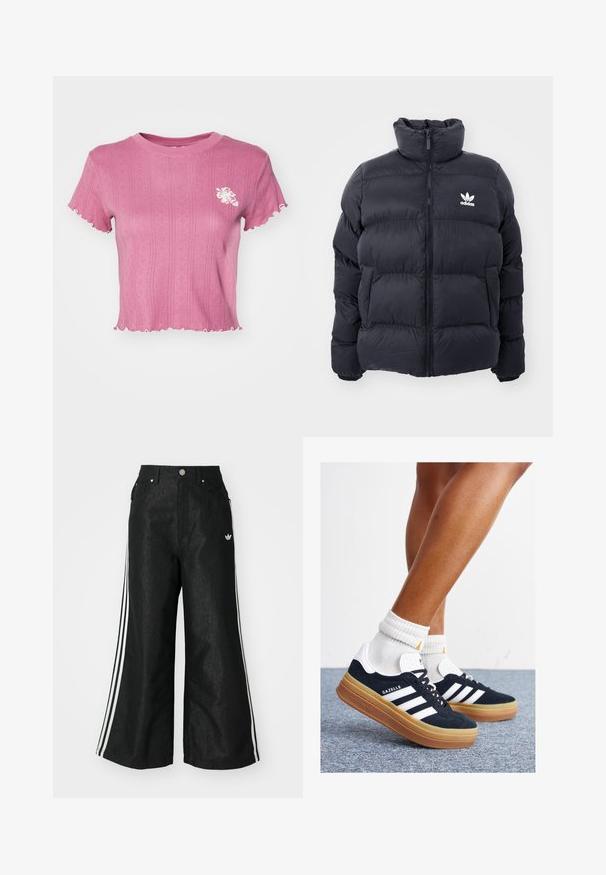 Navy puffer jacket with high collar, zip closure, and white Adidas logo on the chest. Features stitched panels and a smooth, shiny texture.; Pink cropped t-shirt with ribbed texture and scalloped edges. Features a white floral embroidery on the left chest. Lightweight fabric.; Black wide-leg denim pants with three white stripe accents on each side and a small white logo. Features front pockets and a button closure.; Black suede sneakers with white stripes and accents, rounded toe, gum rubber outsole, paired with white ribbed crew socks.