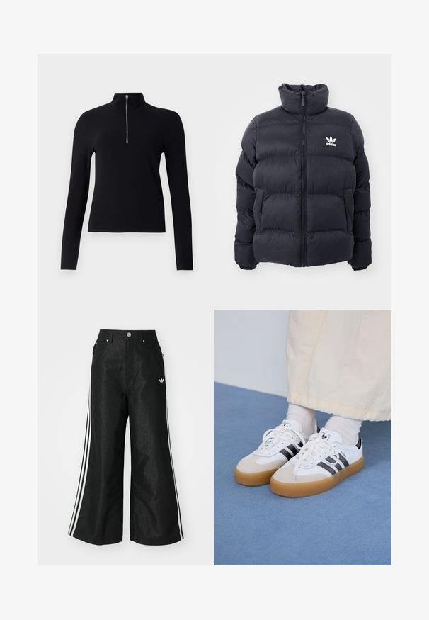 Marinblå puffjakke med høj krave, lynlås lukning og hvid Adidas-logo på brystet. Har syede paneler og en glat, blank overflade.; Sort ribbet langærmet top med høj krave og halv lynlås. Stoffet virker tekstureret og tætsiddende, med et enkelt, moderne design.; Sorte vide denim bukser med tre hvide striber på hver side og et lille hvidt logo. Indeholder forlommer og en knaplukning.; Hvide sneakers med sorte striber og beige ruskindsdetaljer. Har en tekstureret gummisål og flade hvide snørebånd, båret med lyse sokker.
