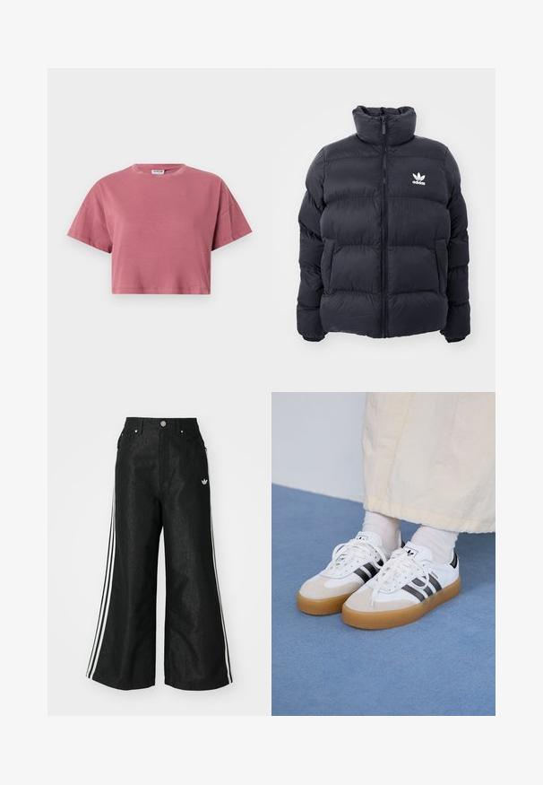 Chaqueta acolchada de color marino con cuello alto, cierre de cremallera y logo blanco de Adidas en el pecho. Presenta paneles cosidos y una textura suave y brillante.; Camiseta recortada en rosa polvo, hecha de algodón suave, con mangas cortas y un escote redondo con un acabado limpio. Sin patrones ni elementos metálicos.; Pantalones de denim anchos y negros con tres franjas blancas en cada lado y un pequeño logo blanco. Cuenta con bolsillos frontales y un cierre de botón.; Zapatillas blancas con rayas negras y acentos de ante beige. Cuentan con una suela de goma texturizada y cordones blancos planos, usadas con calcetines de color claro.