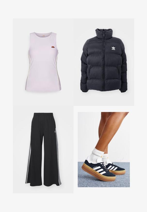 Tengerész kék puffertöltött dzseki magas gallérral, cipzáros záródással és fehér Adidas logóval a mellkasán. Jellemzője a tűzött panelek és a sima, fényes textúra.; Lila ujjatlan sportfelső, kerek nyakkivágással, kontrasztos sárga varrással és kis logóval a mellkason.; Fekete, bő szárú melegítőnadrág, rugalmas derékkal, fehér oldalsávokkal és hímzett logóval a bal combon.; Fekete velúr sportcipő fehér csíkokkal és díszítésekkel, lekerekített orral, gumitalpú külső résszel, fehér bordázott bokazoknival párosítva.