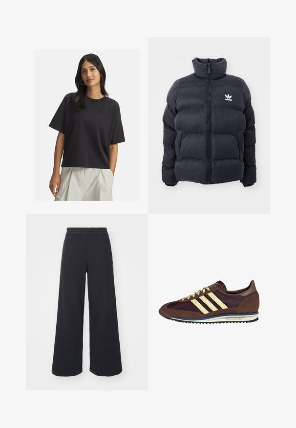 Navy puffer jacket with high collar, zip closure, and white Adidas logo on the chest. Features stitched panels and a smooth, shiny texture.; Woman with long dark hair wearing a loose black short-sleeve T-shirt and light beige high-waisted pants, standing with one hand in pocket.; Black wide-leg sweatpants made from soft fabric, featuring an elastic waistband and a small logo on the left side.; Brown and burgundy sneaker with suede and mesh materials, featuring three cream stripes, textured fabric on the tongue, and a rubber sole.