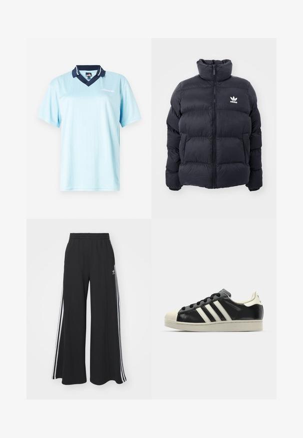 Jūrinės spalvos pūkinė striukė su aukštu apykakle, užtrauktuku ir baltu Adidas logotipu ant krūtinės. Yra siūti šoniniai panelei ir lygus, blizgus paviršius.; Šviesiai mėlynas trumpas rankovės polo marškinėliai su tamsiai mėlynu apykakle. Vertikalūs smulkūs dryžiai ir logotipo akcentas priekyje. Lygus, lengvas audinys.; Juodos plačios kojų džinsinės kelnės su elastingu juosmeniu, turinčios baltas šonines juosteles ir išsiuvinėtą logotipą kairiajame šlaunyje.; Juodi odiniai sportiniai bateliai su baltais dryžiais, guminis toe kapas, juodi raišteliai ir kreminis padas. Lygus pavirčius su blizgiu finišu.