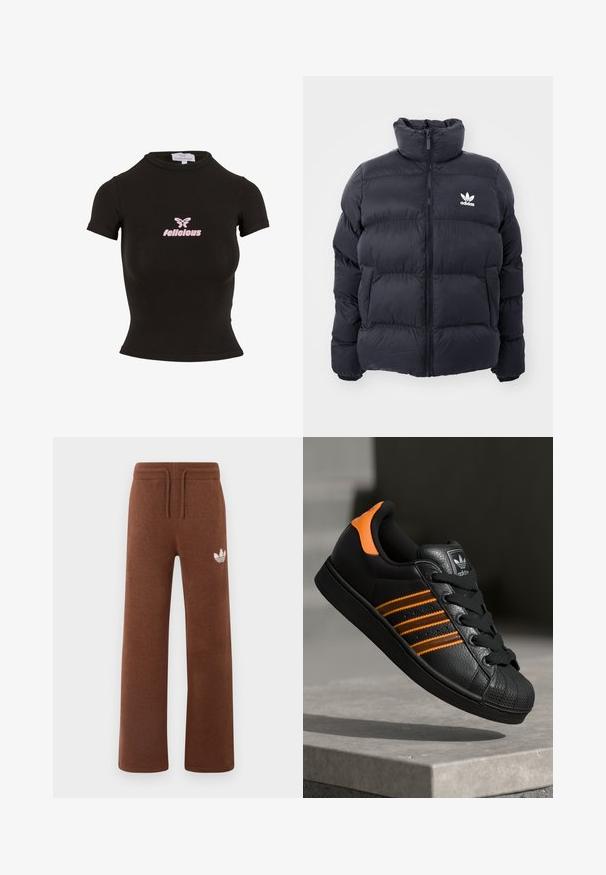 Marineblauwe pufferjack met hoge kraag, ritssluiting en wit Adidas-logo op de borst. Beschikt over gestikte panelen en een gladde, glanzende textuur.; Zwarte korte mouwen crop top gemaakt van rekbaar materiaal. Heeft een roze "felicious" logo en een vlinderafbeelding op de voorkant.; Bruine sweatpants van zacht materiaal met een relaxte pasvorm, voorzien van een elastische tailleband, koord en een wit logo op de linker dij.; Zwarte sneaker met oranje accenten, drie horizontale strepen, bovenwerk van textuurlak, rubberen neuzen en zwarte veters.
