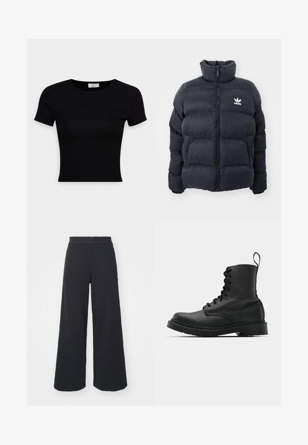 Jachetă puffer bleumarin cu guler înalt, închidere cu fermoar și logo Adidas alb pe piept. Se remarcă prin panouri cusute și o textură netedă, lucioasă.; Tricou negru cu manșete scurte, fabricat dintr-un material de bumbac neted, având un decolteu rotund și un design ajustat. Minimalist, fără modele vizibile.; Pantaloni de trening negri, cu picioare largi, confecționați dintr-un material moale, având un talie elastică și un logo mic pe partea stângă.; Cizmă de luptă din piele neagră, cu vârf rotund, șireturi în față și o bandă de tragere la gleznă. Dispune de o talpă groasă din cauciuc pentru durabilitate.