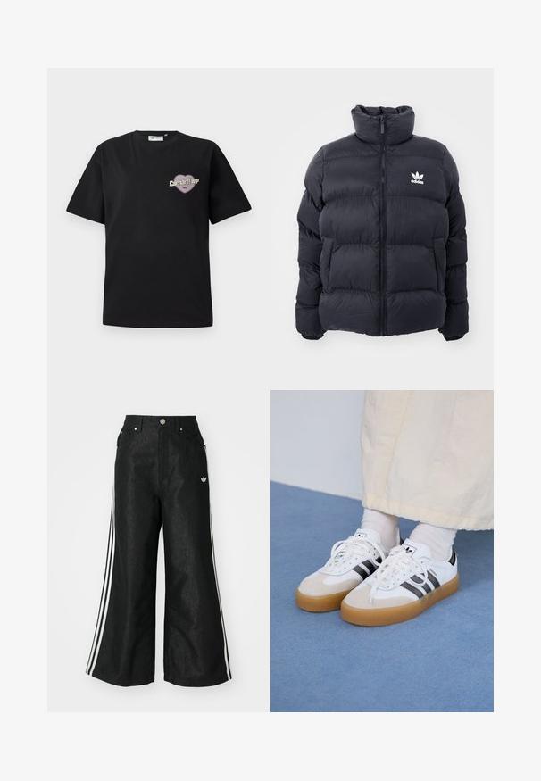Chaqueta acolchada de color marino con cuello alto, cierre de cremallera y logo blanco de Adidas en el pecho. Presenta paneles cosidos y una textura suave y brillante.; Camiseta de algodón negra con mangas cortas, que presenta un gráfico en forma de corazón en púrpura y beige con el texto "Carhartt WIP 1989".; Pantalones de denim anchos y negros con tres franjas blancas en cada lado y un pequeño logo blanco. Cuenta con bolsillos frontales y un cierre de botón.; Zapatillas blancas con rayas negras y acentos de ante beige. Cuentan con una suela de goma texturizada y cordones blancos planos, usadas con calcetines de color claro.