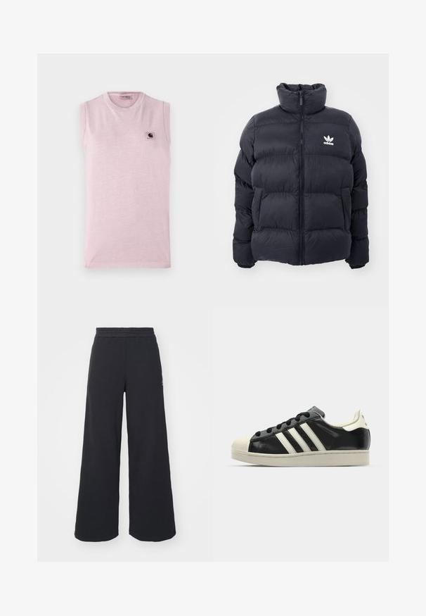 Marineblå pufferjakke med høy krage, glidelås og hvit Adidas-logo på brystet. Har sømmerte paneler og en glatt, blank tekstur.; Lys rosa ermeløs t-skjorte laget av myk stoff, med rund hals og et lite firkantet logo-merke på venstre bryst.; Svart bukse med vid benvidde laget av myk stoff, med elastisk midjebånd og en liten logo på venstre side.; Svarte skinnsneakers med hvite striper, gummitopp, svarte lisser og en kremfarget såle. Glatt tekstur med blank finish.