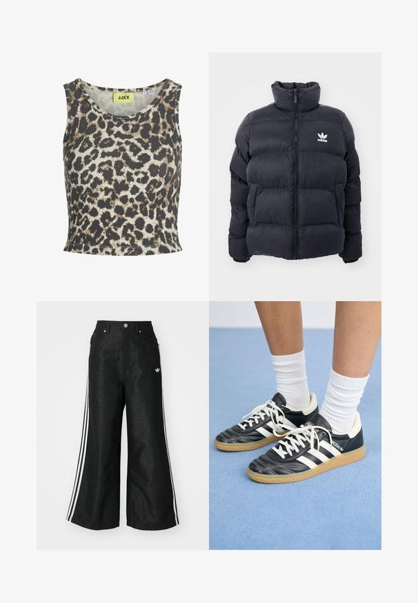 Navy puffer jacket with high collar, zip closure, and white Adidas logo on the chest. Features stitched panels and a smooth, shiny texture.; Leopard print tank top in ribbed fabric, featuring a round neckline and sleeveless design. Color palette includes beige, brown, and black.; Black wide-leg denim pants with three white stripe accents on each side and a small white logo. Features front pockets and a button closure.; Black leather sneakers with white stripes, round toe, white laces, and gum rubber sole. Accentuated by padded collar and branding details.