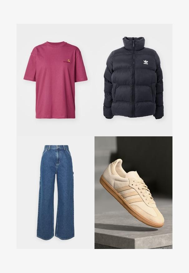 Navy puffer jacket with high collar, zip closure, and white Adidas logo on the chest. Features stitched panels and a smooth, shiny texture.; Carhartt WIP AMERICAN SCRIPT - Basic T-shirt - dusty fuchsia; Wide-leg blue denim trousers with a high waist, contrasting stitching, and side pockets, featuring a classic five-pocket design and raw hems.; Light beige suede sneaker with gum outsole, three diagonal stripes, and a textured toe cap. Features logo on the tongue and side.
