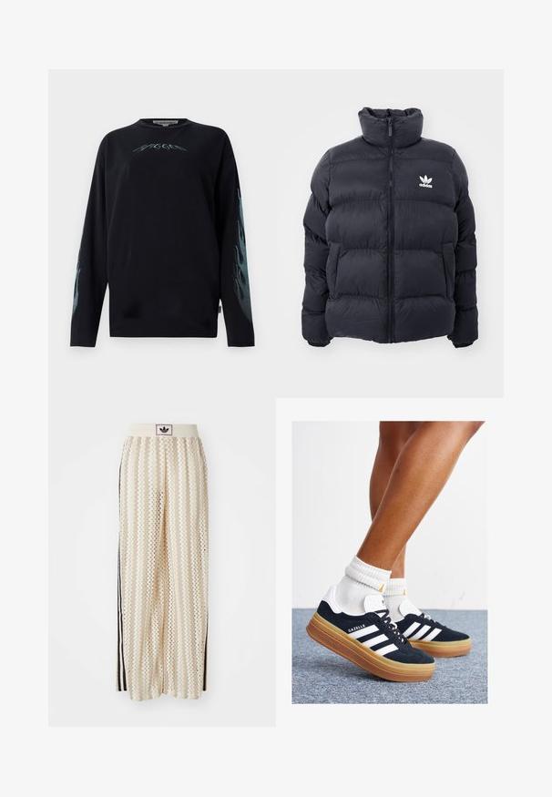 Casaco puffer azul marinho com gola alta, fecho de zip e logotipo branco da Adidas no peito. Apresenta painéis cosidos e uma textura suave e brilhante.; Camisola de manga longa preta em algodão, com gráficos de chamas azuis nas mangas e um pequeno logótipo no peito. Design de gola redonda.; Calças largas de cor creme com um padrão em zigzag, apresentando uma cintura com logotipo preto e riscas laterais pretas. Tecido leve e texturizado.; Ténis de camurça preta com riscas e detalhes brancos, biqueira arredondada, sola em borracha cor de goma, combinados com meias brancas caneladas até à altura do tornozelo.