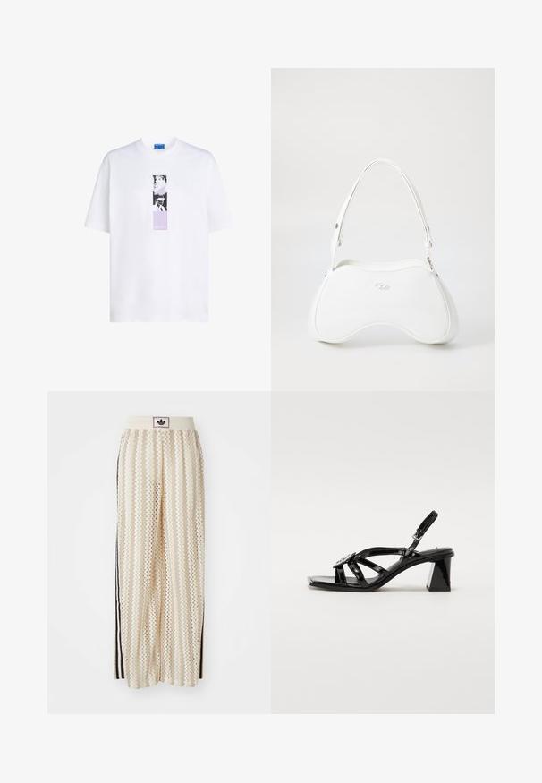 Jūras zils pūkains jaka ar augstu apkakli, rāvējslēdzēja aizdari un balto Adidas logo uz krūtīm. Iekļauj izšūtas paneļus un gludu, spīdīgu tekstūru.; Balta kokvilnas T-kreklu ar apaļu kakla izgriezumu, kuram centrā ir taisnstūra grafiskais prints melnā un lavandas krāsā. Īsas piedurknes.; Krēmbalti plaša piegriezuma bikses ar zigzaga rakstu, ar melnu logotipa jostu un melnām sānu svītrām. Viegls, teksturēts audums.; Melnas lakotas ādas augstpapēžu sandales ar atvērtu purngali, platām siksnām, regulējamu sprādzi un ģeometrisku bloku papēdi.; Balta rokassoma ar gludu, spīguļojošu virsmu, izliekta forma un viena regulējama siksna. Tam ir uzspriegots logotips priekšpusē.