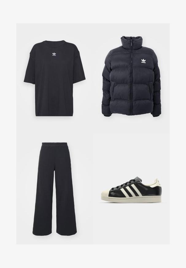 Jūras zils pūkains jaka ar augstu apkakli, rāvējslēdzēja aizdari un balto Adidas logo uz krūtīm. Iekļauj izšūtas paneļus un gludu, spīdīgu tekstūru.; Melna kokvilnas t-kreklā ar īsām piedurknēm un apaļu kakla izgriezumu, uz krūtīm ir balta Adidas logo. Vienkāršs dizains, brīvs piegriezums.; Melni platās svārku bikses, izgatavotas no mīksta auduma, ar elastīgu jostas daļu un mazu logotipu kreisajā pusē.; Melna ādas sporta apava ar baltām svītrām, gumijas purngala aizsardzību, melnām auklām un krēma krāsas zoli. Gluda tekstūra ar spīdīgu apdari.