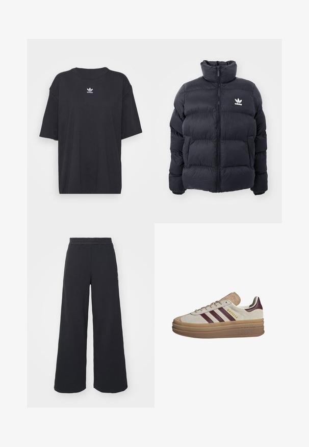 Námořnická puffer bunda s vysokým límcem, zipovým zapínáním a bílým logem Adidas na hrudi. Obsahuje prošité panely a hladký, lesklý povrch.; Černé bavlněné tričko s krátkými rukávy a kulatým výstřihem, na hrudi má bílé logo Adidas. Jednoduchý design, uvolněný střih.; Černé široké tepláky vyrobené z měkké tkaniny, s elastickým pasem a malým logem na levé straně.; Béžové semišové tenisky s kaštanovými pruhy, bílými akcenty, robustní průhlednou podrážkou a vyvýšeným logem na boku. Šněrovací design.