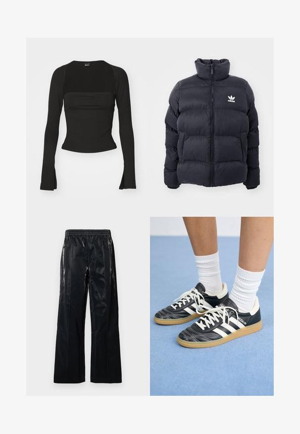 Tummansininen puffer-takki, jossa on korkea kaulus, vetoketjusuljenta ja valkoinen Adidas-logo rinnassa. Takissa on ommeltuja paneeleja ja sileä, kiiltävä pinta.; Gina Tricot SOFT TOUCH SQUARE NECK TOP - Pitkähihainen paita - black; Mustat, leveälahkeiset housut kiiltävästä materiaalista. Varustettu joustavalla vyötärönauhalla ja pystysaumoilla rakenteen ja muotoilun vuoksi. Sileä pinta.; Mustat nahkasneakerit valkoisilla raidoilla, pyöreä kärki, valkoiset nauhat ja kumipohja. Korostaa pehmustettua kaulusta ja brändäysohjeita.