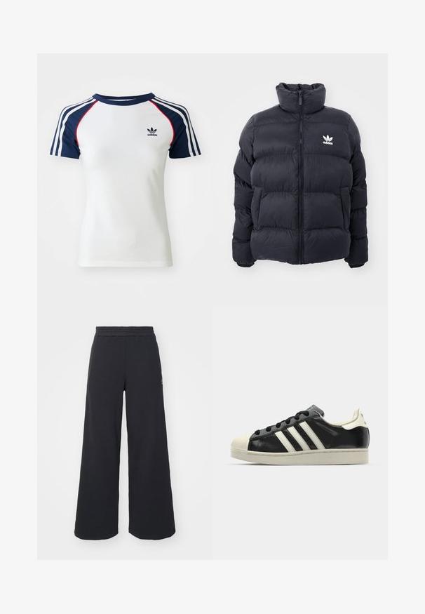 Ναυτικό πούφφερ μπουφάν με ψηλό γιακά, φερμουάρ και λευκό λογότυπο Adidas στο στήθος. Διαθέτει ραμμένα πάνελ και ομαλή, γυαλιστερή υφή.; Άσπρη βαμβακερή μπλούζα με ναυτικές μπλέ ραφές, που διαθέτει τρεις άσπρες ρίγες και ένα μικρό μαύρο λογότυπο Adidas στο στήθος. Κόκκινες λεπτομέρειες.; Μαύρα ανοιχτά παντελόνια φόρμας από μαλακό υλικό, με ελαστική μέση και μικρό λογότυπο στην αριστερή πλευρά.; Μαύρα δερμάτινα sneakers με λευκές ρίγες, καουτσούκ προστατευτικό στην μύτη, μαύρα κορδόνια και κρεμ outsole. Λείος υφής με γυαλιστερή φινίρισμα.